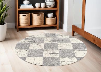 5' White Round Checkered Power Loom Area Rug