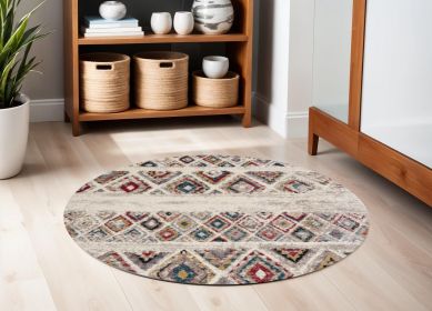5' Cream Round Southwestern Power Loom Area Rug