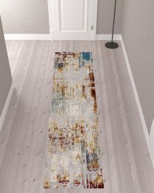 10' Ivory and Gold Abstract Runner Rug