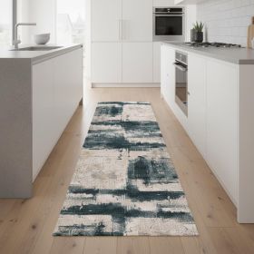 8' Blue And Ivory Abstract Dhurrie Runner Rug