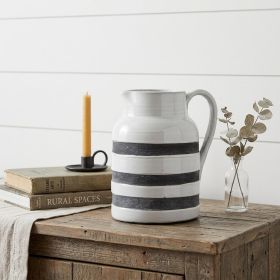 9" Rustic White And Blue Stripe Ceramic Jug