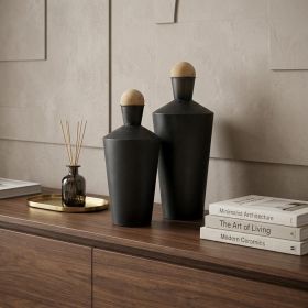 Set of Two Black and Brown Metal Cylindrical Urns