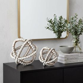 11" White Wood Bead And Gold Orb Sculpture