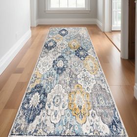 20' Runner Blue and Yellow Floral Runner Rug