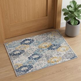 3' X 5' Blue and Yellow Floral Distressed Area Rug