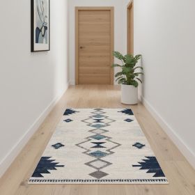 10' Runner Blue and Ivory Southwestern Runner Rug