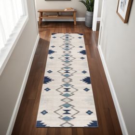 8' Runner Blue and Ivory Southwestern Runner Rug