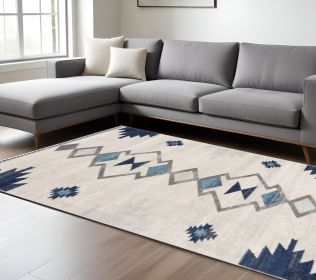 6' X 9' Blue and Ivory Southwestern Area Rug