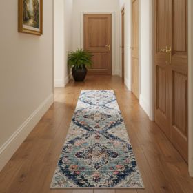 10' Runner Blue and Ivory Medallion Runner Rug