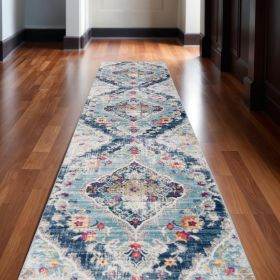 13' Runner Blue and Ivory Medallion Runner Rug