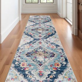 20' Runner Blue and Ivory Medallion Runner Rug