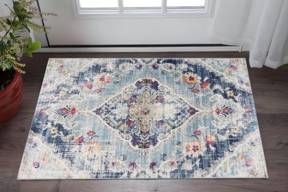 2' X 5' Blue and Ivory Medallion Area Rug