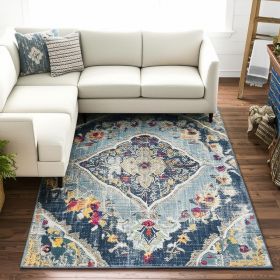 9' X 13' Blue Distressed Medallion Area Rug