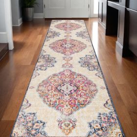 15' Runner Blue and Beige Medallion Runner Rug