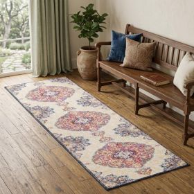 6' Runner Blue and Beige Medallion Area Rug