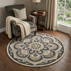 4' Round Black Flower Blossom Area Rug