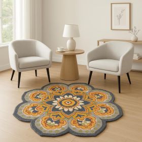 6' Gray Round Wool Geometric Hand Tufted Area Rug