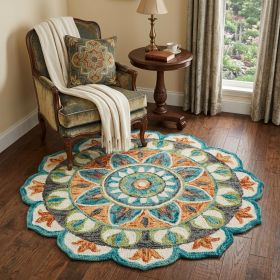 4' Round Blue And Orange Medallion Area Rug