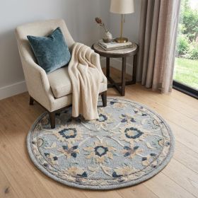 3' Round Beige and Blue Round Wool Floral Hand Woven Area Rug