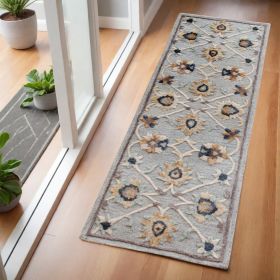 2' X 7' Blue And Beige Floral Runner Rug