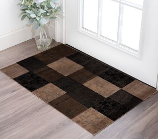2' X 4' Brown Checkered Dhurrie Area Rug