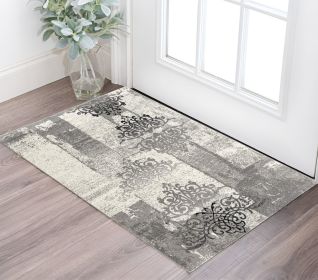 2' X 4' Gray Damask Dhurrie Area Rug