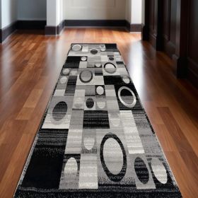 10' Black Gray and White Geometric Power Loom Distressed Runner Rug