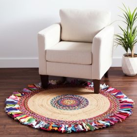 Natural Jute Multicolored Medallion Area Rugï¿½ï¿½With Fringe