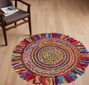 4' Rainbow Multi Round Hand Woven Jute Area Rug With Fringe