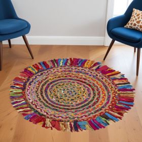 Multicolored Chindi And Natural Jute Fringed Round Rug