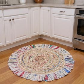 Bleached Multicolored Chindi And Natural Jute Fringed Round Rug