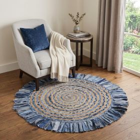 Denim And Natural Jute Round Swirl Fringed Rug