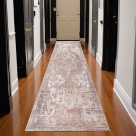 20' Runner Beige and Ivory Medallion Power Loom Distressed Runner Rug