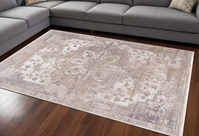 7' X 9' Beige and Ivory Medallion Power Loom Area Rug