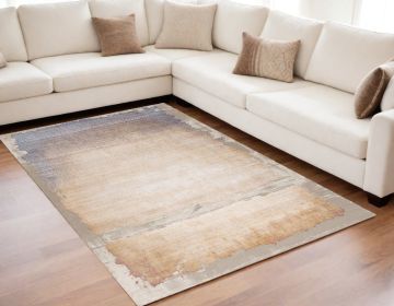 5' X 7' Beige and Blue Abstract Non Skid Area Rug