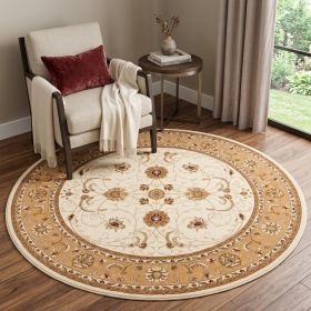 5' Beige and Ivory Round Oriental Power Loom Area Rug