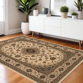 4' X 6' Beige and Black Floral Medallion Power Loom Area Rug