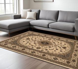 7' X 9' Beige and Black Floral Medallion Power Loom Area Rug