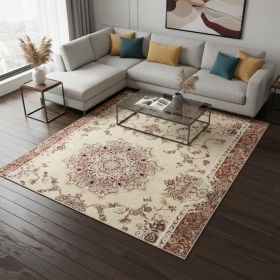7' X 9' Orange and Ivory Oriental Power Loom Area Rug