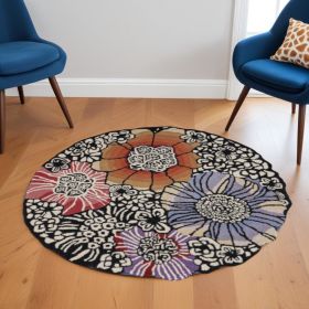 6' Round Red and Black Floral Blossom Area Rug