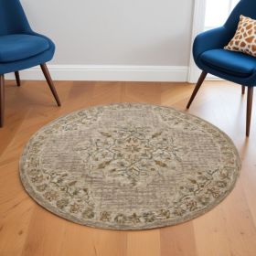6' Round Beige Distressed Medallion Area Rug