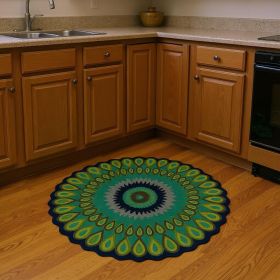 3' Round Green Peacock Feather Area Rug