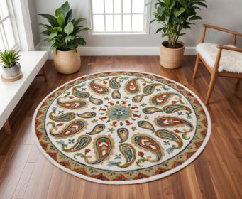 7' Round Orange and White Paisley Area Rug