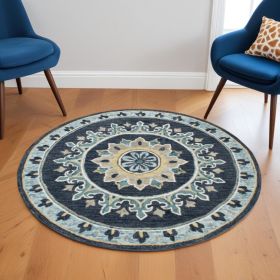 7' Round Blue Floral Medallion Area Rug