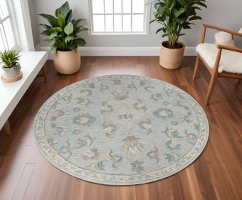 7' Blue And Ivory Round Wool Hand Tufted Area Rug