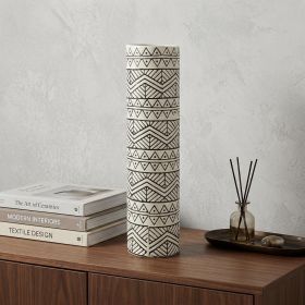 17" Cream and Charcoal Geometric Cylinder Ceramic Vase