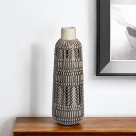14" Black and Cream Organic Glaze Chevron Embossed Ceramic Vase