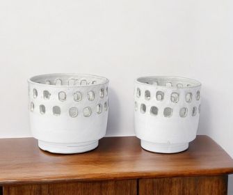 Set of Two White Ceramic Vases with Hollow Details