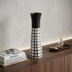 17" Black and White Modern Grid Ceramic Vase