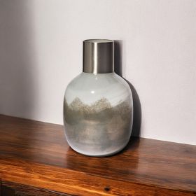 13" Cream and Brown Ombre Glass Vase with Dark Bronze Top